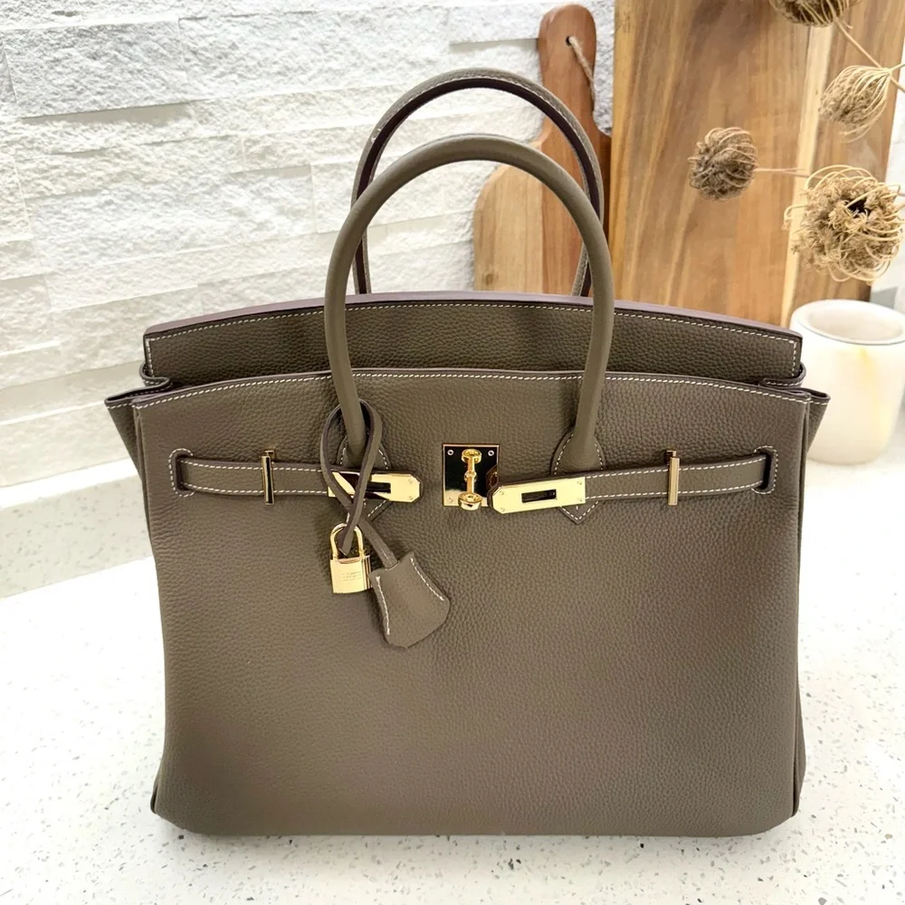 Birkin 35 Etoupe Togo inspired Taupe Leather Handbag with gold hardware - Picture 4 of 16